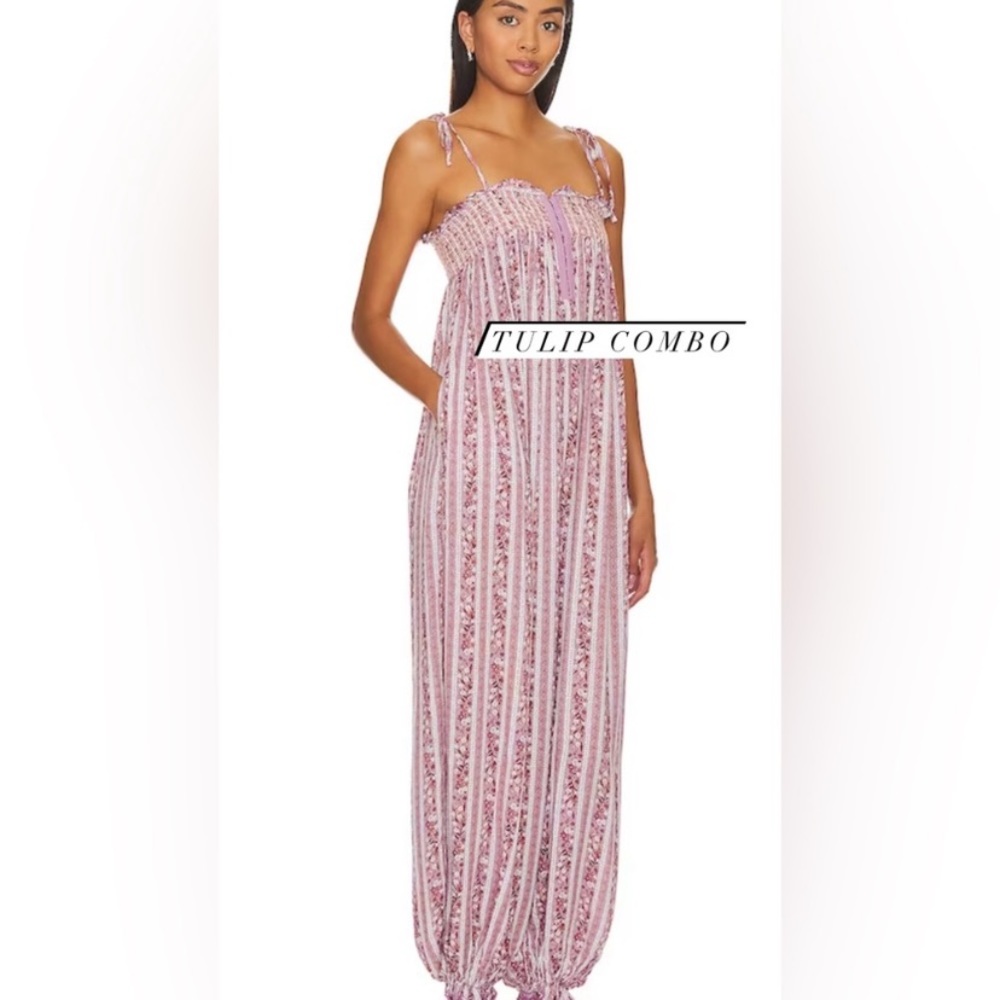 Free People Tulip Combo Pink Striped Tie-Shoulder Jumpsuit